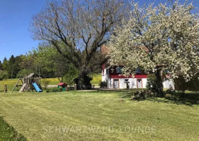 Blick von der Feuerstelle über den großen Garten des Ferienhauses Brestenberg in ruhiger Alleinlage.