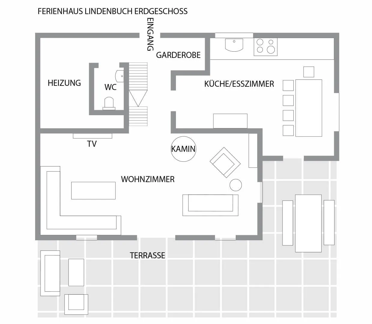Chalet Schwarzwald – Grundriss Erdgeschoss | Ferienhaus Lindenbuch Grundriss des Erdgeschosses vom Chalet Schwarzwald mit Wohnbereich, Küche, Esszimmer und Terrasse.