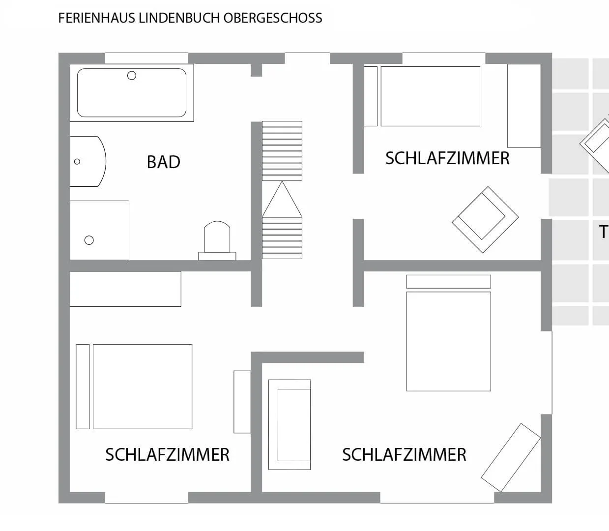 Chalet Schwarzwald – Grundriss Obergeschoss mit 3 Schlafzimmern | Lindenbuch Grundriss des Obergeschosses im Chalet Schwarzwald Lindenbuch mit drei Schlafzimmern und modernem Bad.
