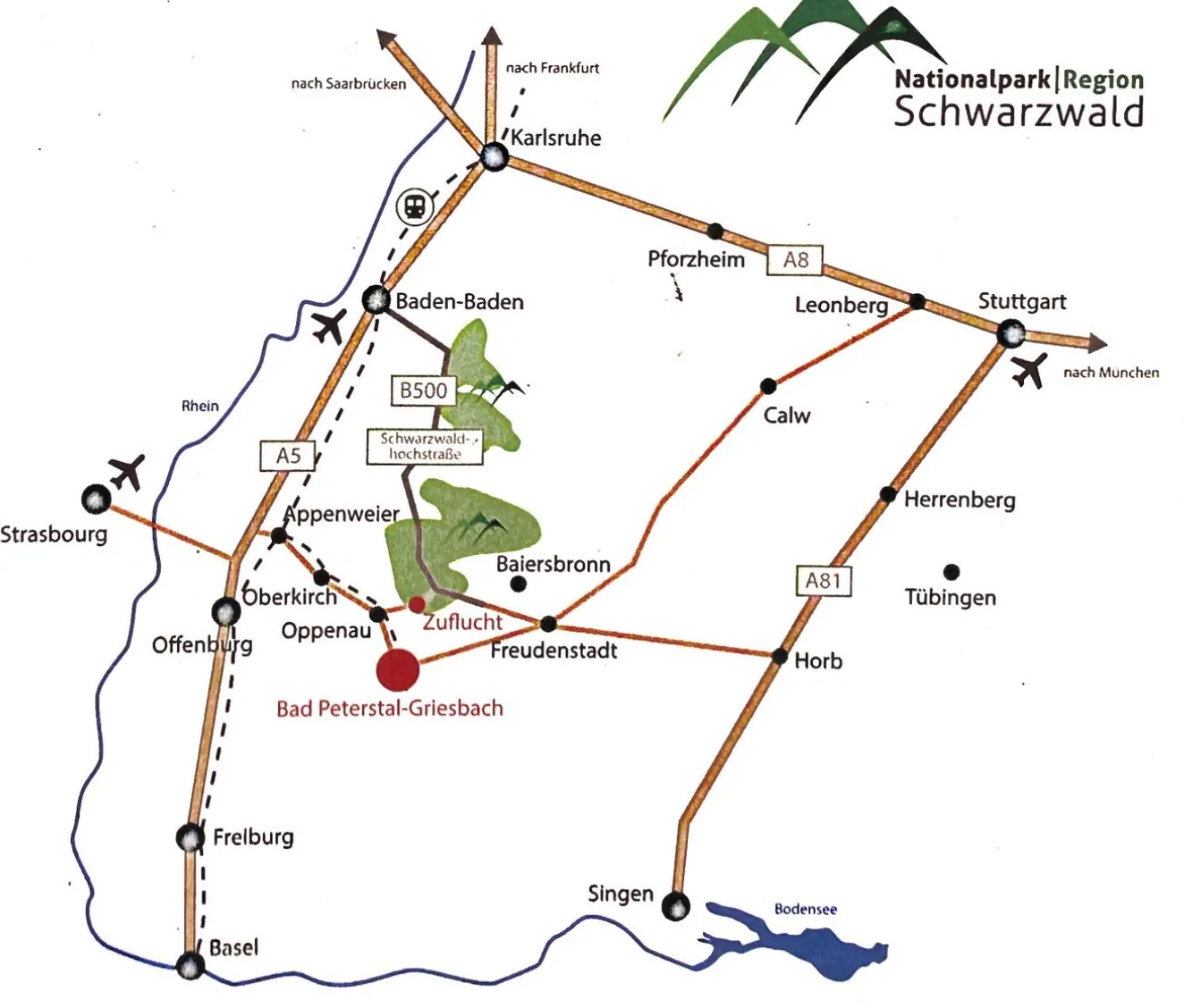 Lage & Anfahrt – Gruppenunterkunft Schwarzwald Lagekarte der Gruppenunterkunft im Schwarzwald mit Autobahnen, umliegenden Städten und Nationalparkregion.