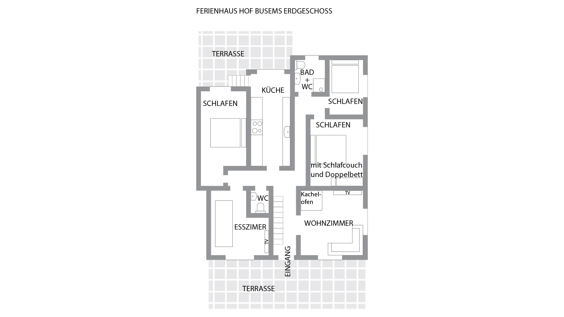 Grundriss Erdgeschoss Hof Busems – Gruppenunterkunft Schwarzwald Grundriss des Erdgeschosses im Ferienhaus Hof Busems mit Schlafzimmern, Küche, Esszimmer und Terrasse.