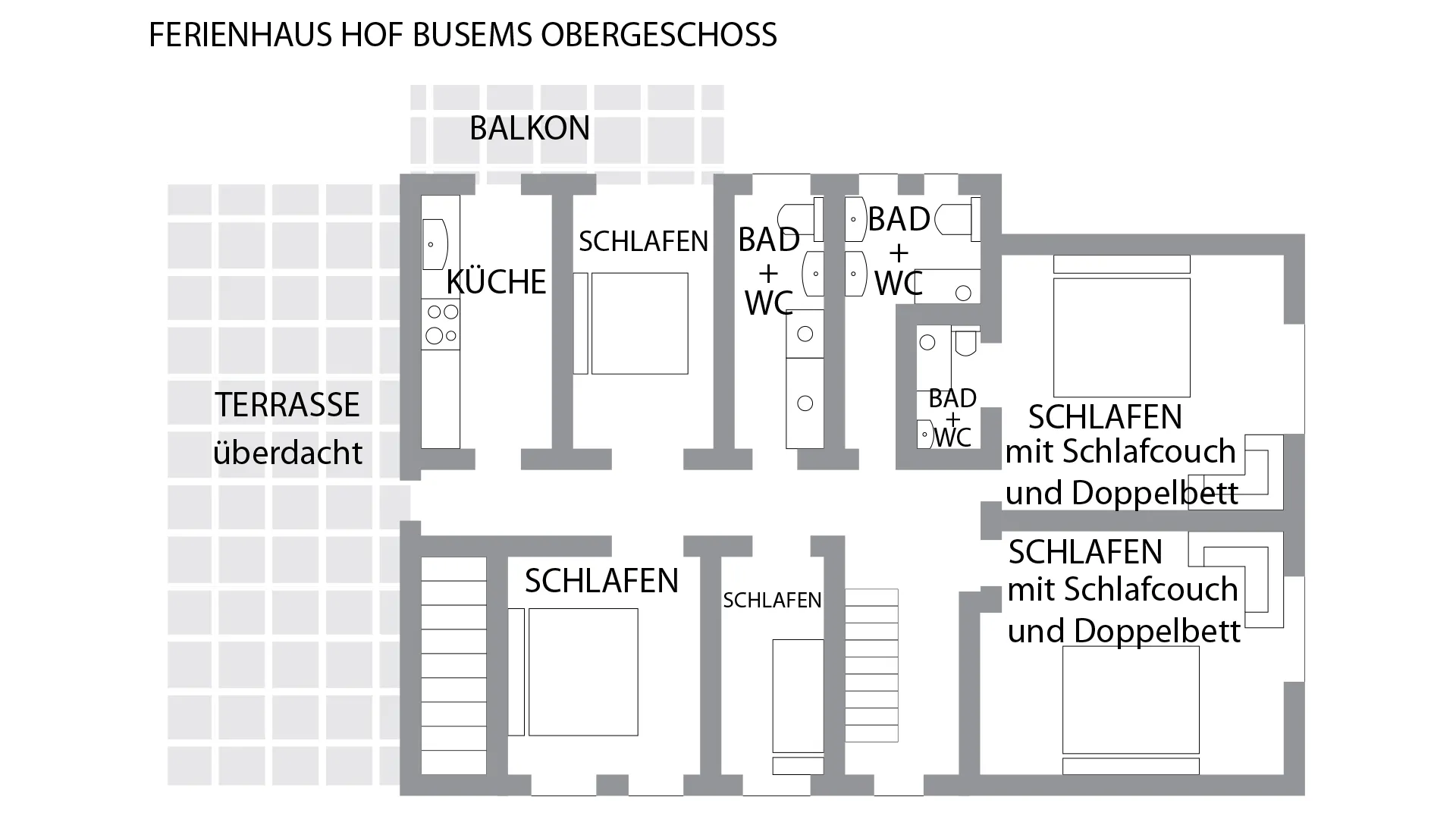 Grundriss Obergeschoss Hof Busems – Gruppenunterkunft Schwarzwald Grundriss des Obergeschosses im Ferienhaus Hof Busems mit Schlafzimmern, Bädern, Küche, Balkon und überdachter Terrasse.