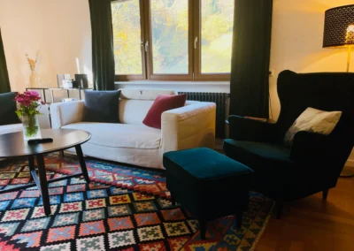 Detailaufnahme des Wohnzimmers der Gruppenunterkunft im Schwarzwald mit Sessel, Sofa und farbigem Teppich.