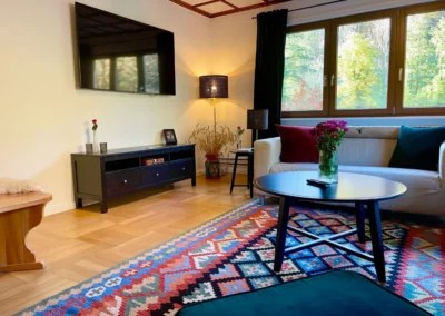 Wohnzimmer der Gruppenunterkunft im Schwarzwald mit großem TV, modernem Sideboard und gemütlicher Sitzecke.