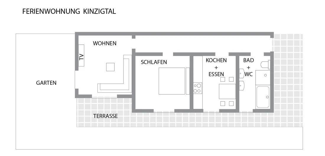 Kinzigtal – Grundriss der Ferienwohnung im Schwarzwald Grundriss der Ferienwohnung Kinzigtal mit Aufteilung von Wohnzimmer, Schlafzimmer, Küche, Bad und Terrasse.