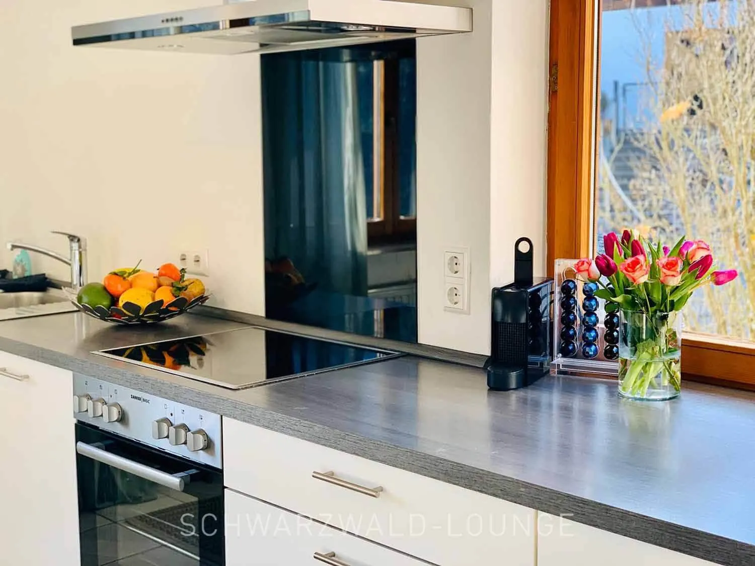 Moderne Küche der Ferienwohnung Bergsee mit Herd, Geräten und frischen Blumen am Fenster.
