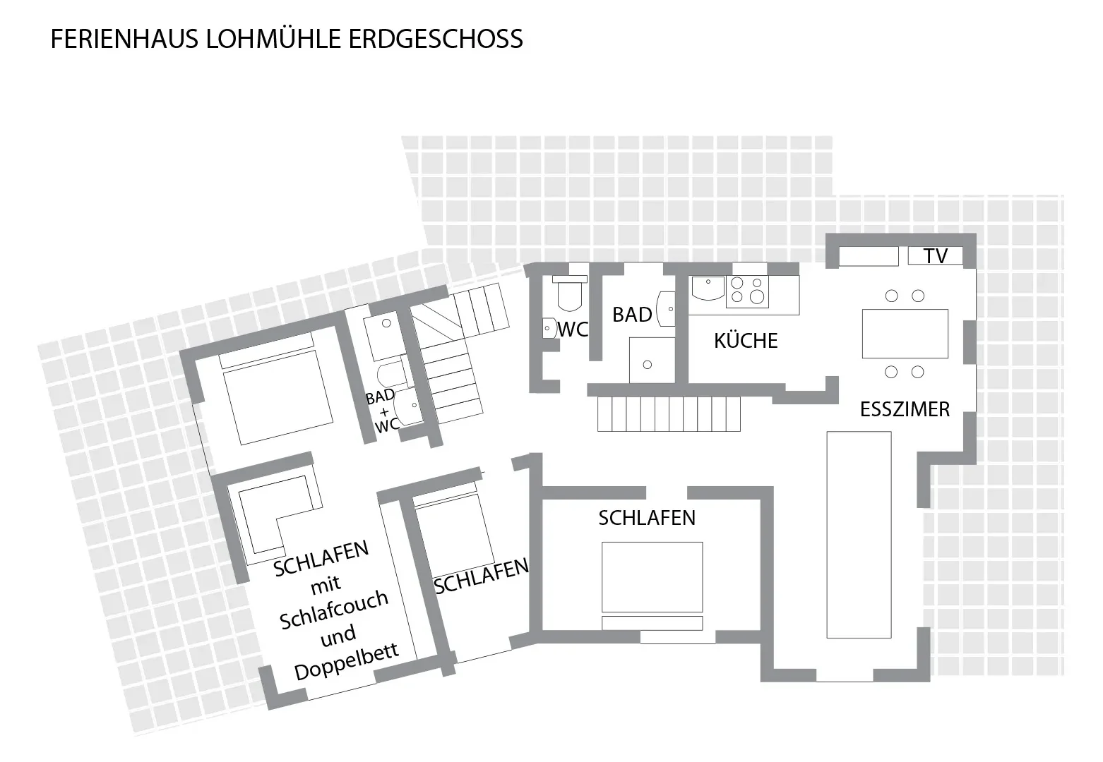 Schwarzwald Chalet Lohmühle – Grundriss Erdgeschoss Grundriss des Erdgeschosses vom Schwarzwald Chalet Lohmühle mit Schlafzimmern, Küche, Esszimmer und Bädern.