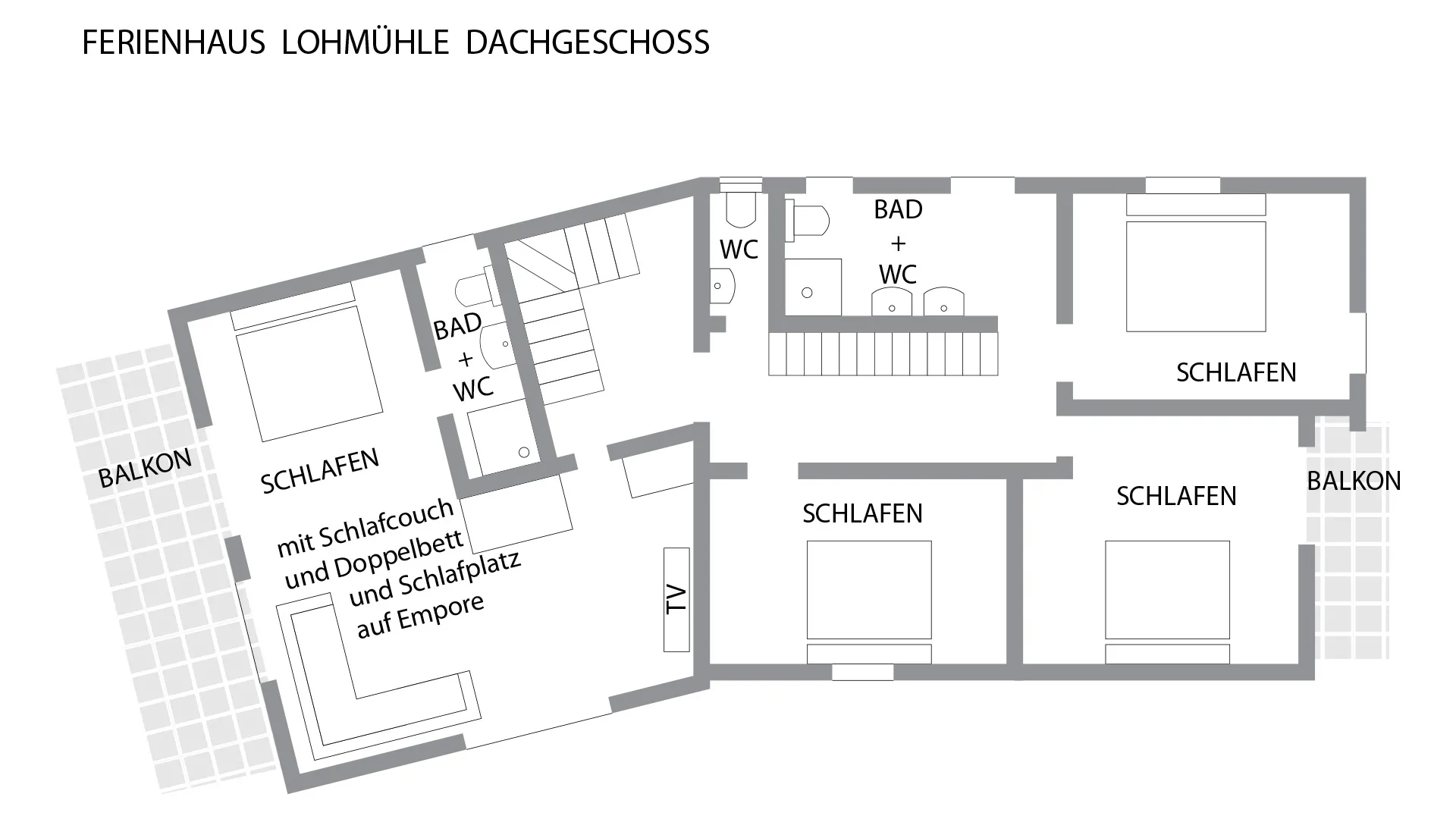 Schwarzwald Chalet Lohmühle – Grundriss Obergeschoss Grundriss des Obergeschosses vom Schwarzwald Chalet Lohmühle mit Schlafzimmern, Balkonen und Badezimmern.