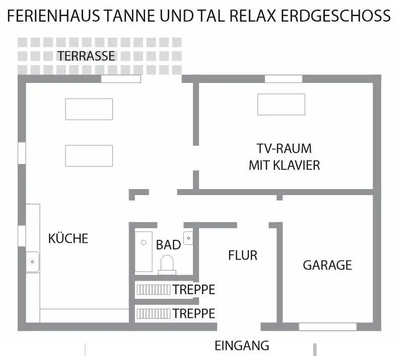Tanne und Tal Relax – Grundriss Erdgeschoss | Schwarzwald-Lounge Grundriss Erdgeschoss im Ferienhaus Tanne und Tal Relax mit Küche, Terrasse, TV-Raum und Eingang