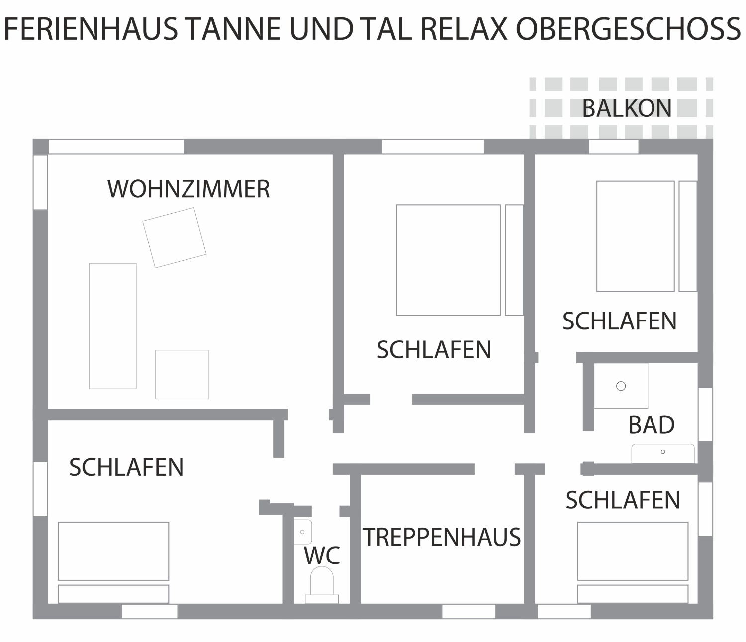 Tanne und Tal Relax – Grundriss Obergeschoss | Schwarzwald-Lounge Grundriss Obergeschoss im Ferienhaus Tanne und Tal Relax mit mehreren Schlafzimmern, Bad und Balkon