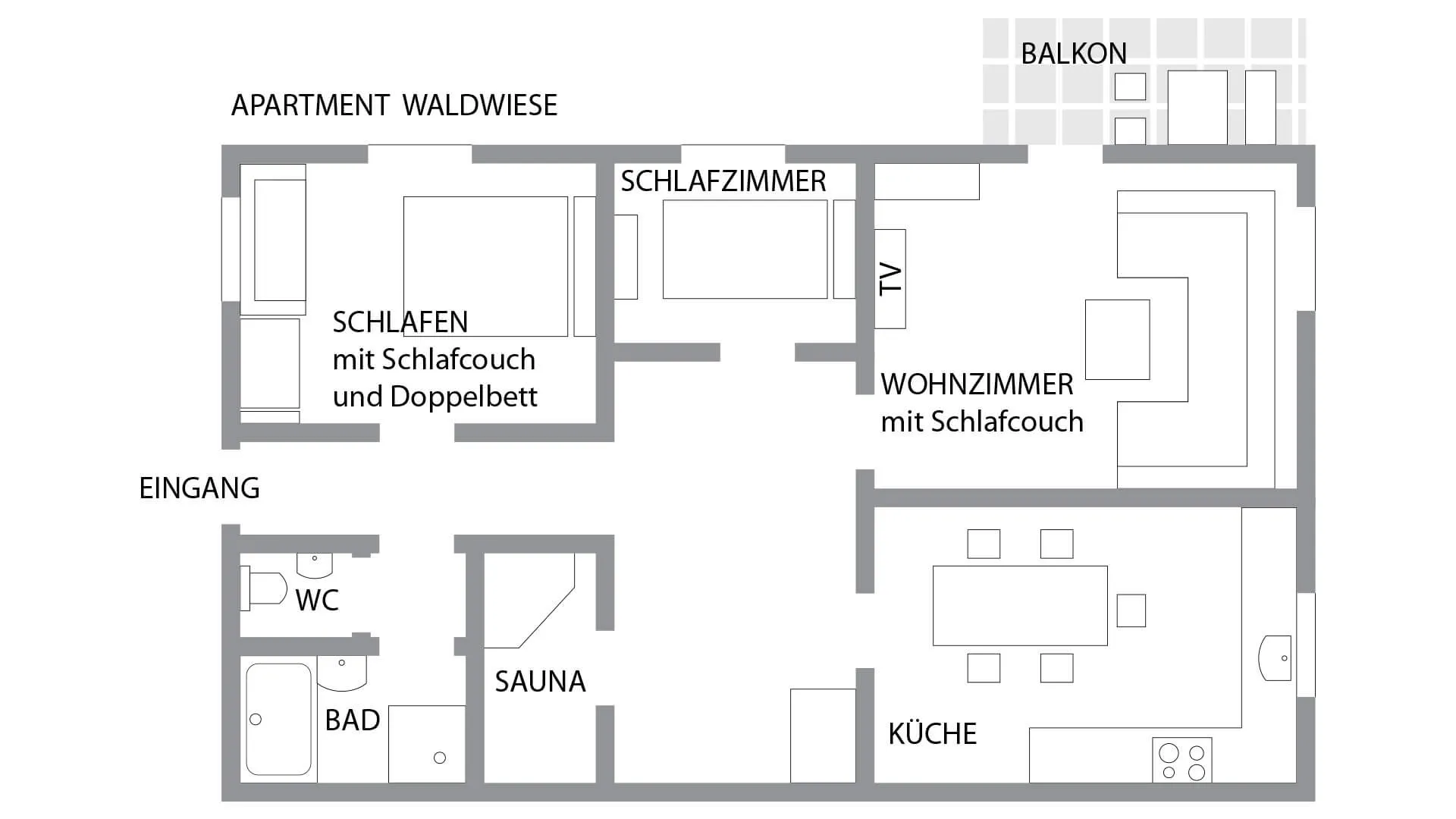 Grundriss der Ferienwohnung Waldwiese – Raumaufteilung im Überblick Grundriss der Ferienwohnung Waldwiese mit Schlafzimmern, Sauna, Bad, Küche und Balkon.