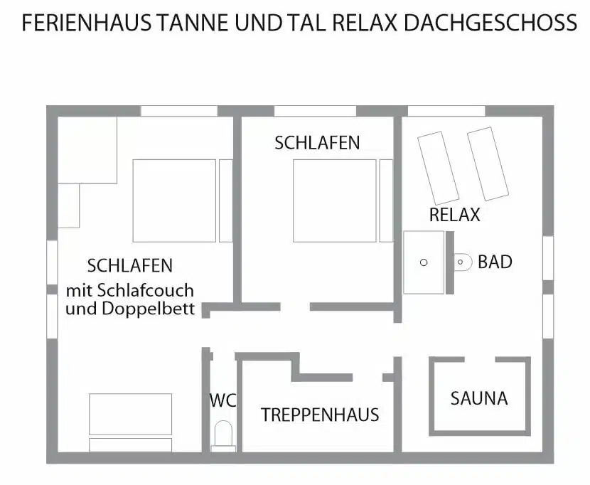 Tanne und Tal Relax – Grundriss Dachgeschoss | Schwarzwald-Lounge Grundriss Dachgeschoss im Ferienhaus Tanne und Tal Relax mit Schlafzimmern, Sauna, Bad und Relaxbereich
