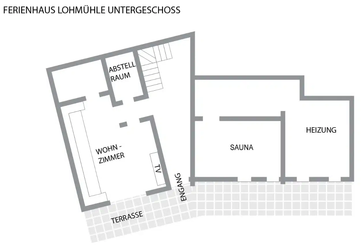 Schwarzwald Chalet Lohmühle – Grundriss Untergeschoss Grundriss Untergeschoss im Schwarzwald Chalet Lohmühle mit Wohnzimmer, Sauna und Terrasse