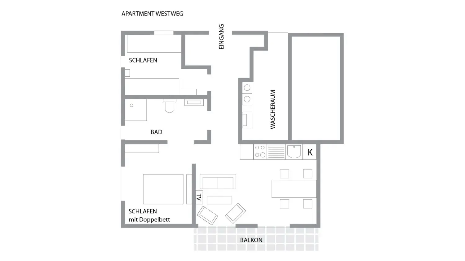 Grundriss der Ferienwohnung Westweg im Schwarzwald Grundriss des Apartments Westweg im Schwarzwald mit Schlafzimmern, Bad und Wohnbereich.