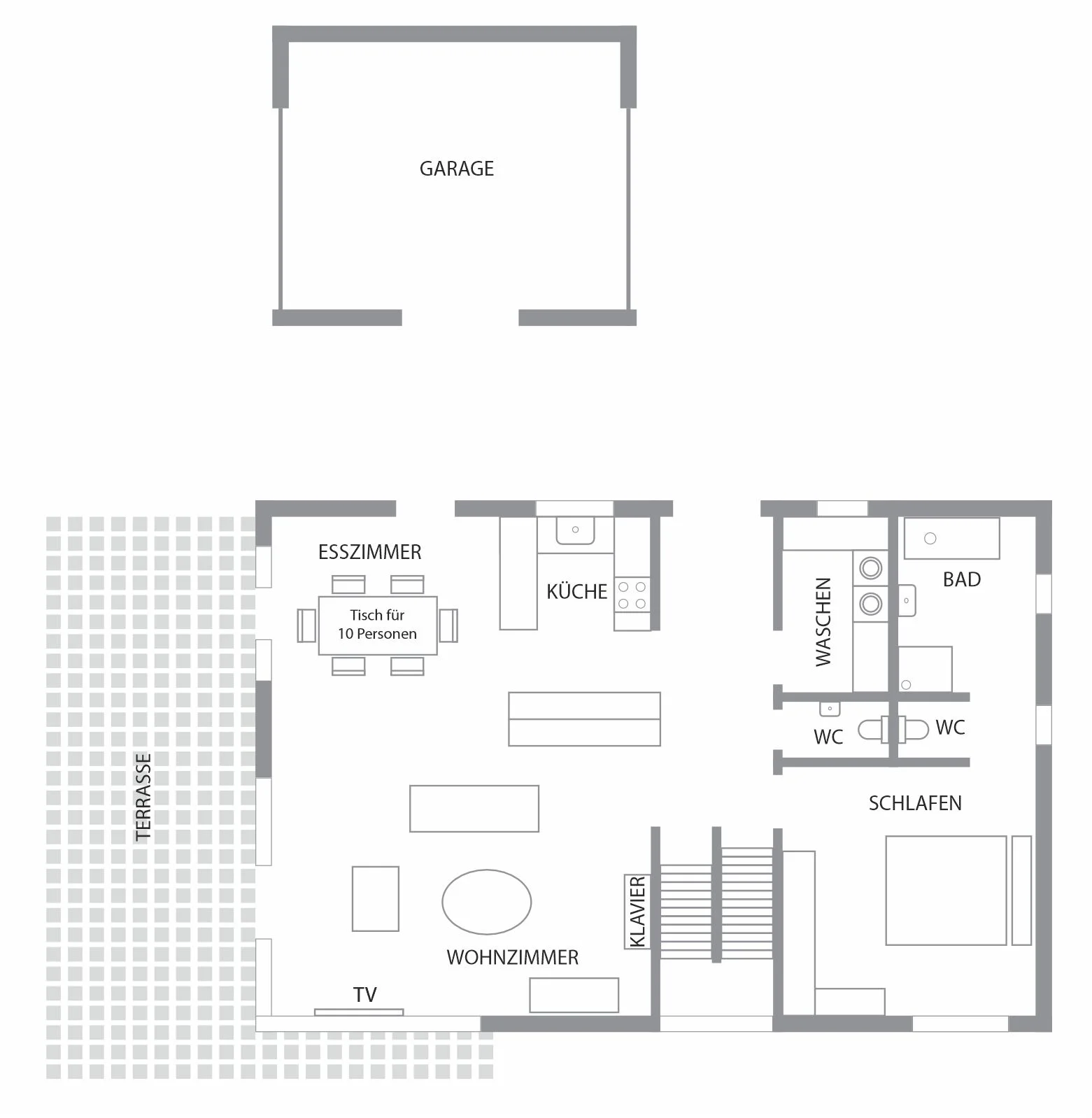 Ferienhaus Weitblick Baiersbronn – Grundriss Erdgeschoss Grundriss vom Erdgeschoss im Ferienhaus Weitblick in Baiersbronn mit Wohnzimmer, Esszimmer, Küche, Schlafzimmer, Bad, WC, Terrasse und Garage