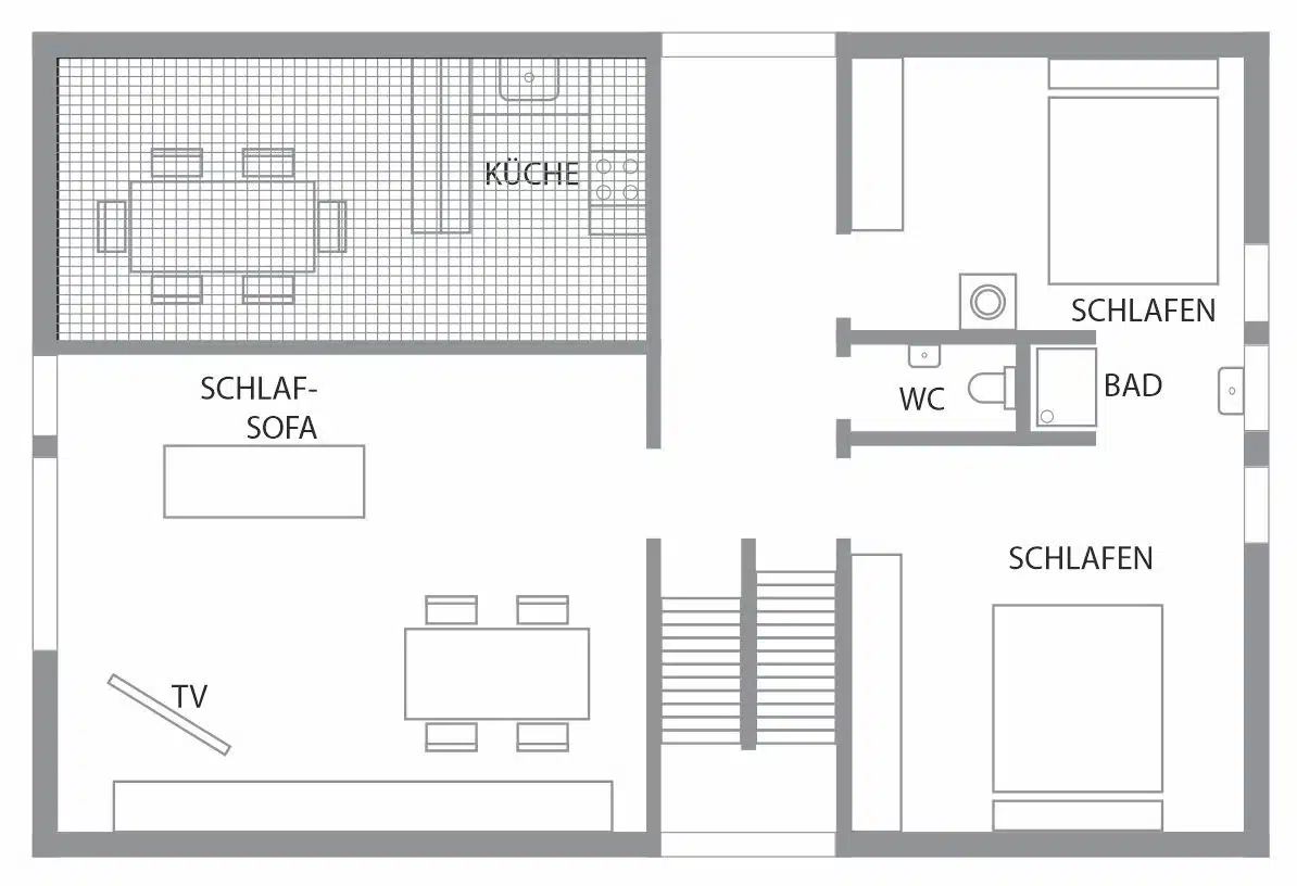 Ferienhaus Weitblick Baiersbronn – Grundriss Obergeschoss mit Galerie Grundriss vom Obergeschoss im Ferienhaus Weitblick in Baiersbronn mit Galerie auf der linken Seite und Blick hinunter zur Küche