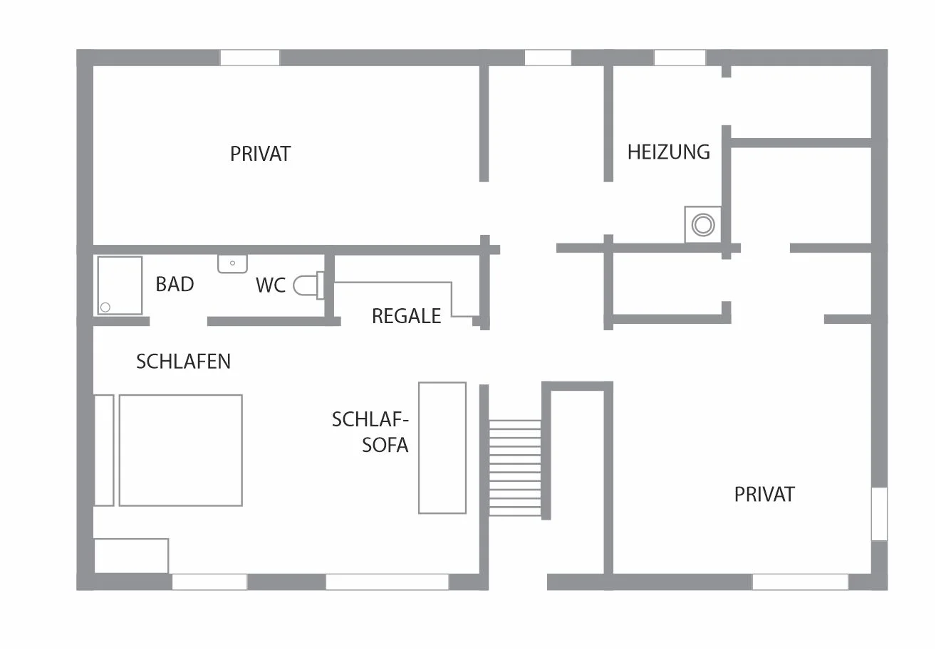 Ferienhaus Weitblick Baiersbronn – Grundriss Untergeschoss Grundriss vom Untergeschoss im Ferienhaus Weitblick in Baiersbronn mit Schlafzimmer, Schlafsofa, Bad, WC, Heizung und privaten Bereichen